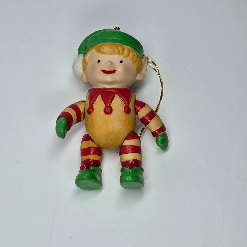 Vintage Hand Painted Ceramic Elf Christmas Ornament Articulated Movable Limbs